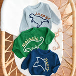 Dinosaur Personalized Baby Sweater – Custom Name Knit Outfit, Toddler Boy Gift