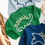 Dinosaur Personalized Baby Sweater – Custom Name Knit Outfit, Toddler Boy Gift