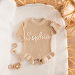Personalized Baby Romper with Frill – Hand Knit Custom Name Outfit, Newborn Announcement Outfit