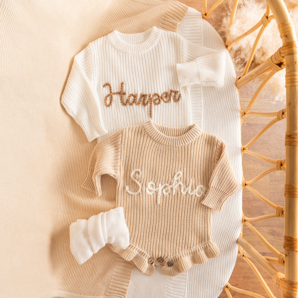 Personalized Baby Romper with Frill – Hand Knit Custom Name Outfit, Newborn Announcement Outfit