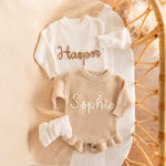 Personalized Baby Romper with Frill – Hand Knit Custom Name Outfit, Newborn Announcement Outfit