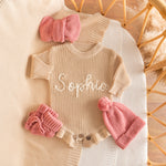 Personalized Baby Romper with Frill – Hand Knit Custom Name Outfit, Newborn Announcement Outfit