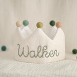 Personalized Baby Birthday Crown – Hand Embroidered Linen Crown, First Birthday Outfit, Cake Smash Photo Prop