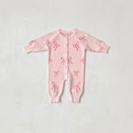 Pink Bow Print Knit Romper for Baby Girls – 100% Cotton Long Sleeve Fall & Winter Baby Outfit