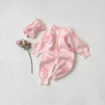 Pink Bow Print Knit Romper for Baby Girls – 100% Cotton Long Sleeve Fall & Winter Baby Outfit