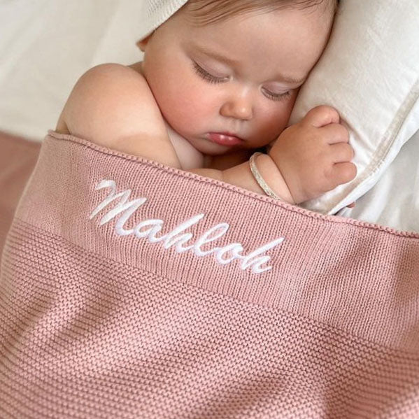 Blush Pink Knitted Personalised Baby Blanket