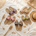 Personalized Crochet Straw Slide Sandals – Custom Name Beach Slippers for Bride, Bridesmaid & Mothers Day