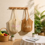 Personalized Crochet Beach Tote Bag – Custom Name Cotton Yarn Handmade Mesh Bag