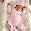 Pink knit frill leg newborn announcement romper
