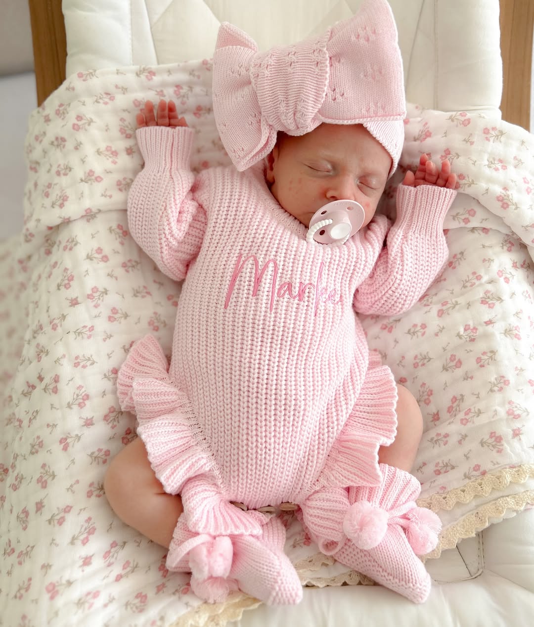 Pink knit frill leg newborn announcement romper