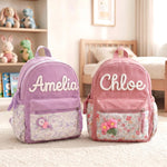 Personalized Corduroy Toddler Backpack – Hand-Embroidered Name, Floral Pocket | Back to School
