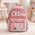Personalized Corduroy Toddler Backpack – Hand-Embroidered Name, Floral Pocket | Back to School