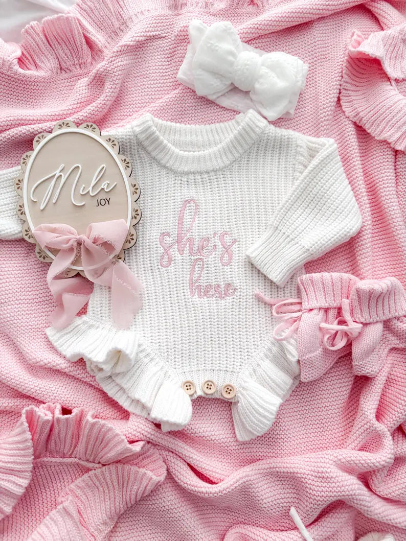 She’s here baby knit frill leg romper
