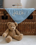 Hand Embroidered Baby Name Blanket – Handmade Knit Personalized Blanket, Luxury Newborn Keepsake Gift