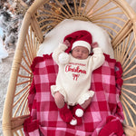 Personalized Name First Christmas Ruffle Romper – Script Embroidered Knit with Frill Trim