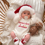 Personalized Name First Christmas Ruffle Romper – Script Embroidered Knit with Frill Trim