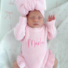 Pink knit frill leg newborn announcement romper